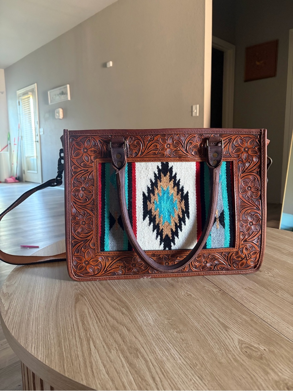 American Darling Turquoise Southwestern Tooled Leather Work Tote Bag